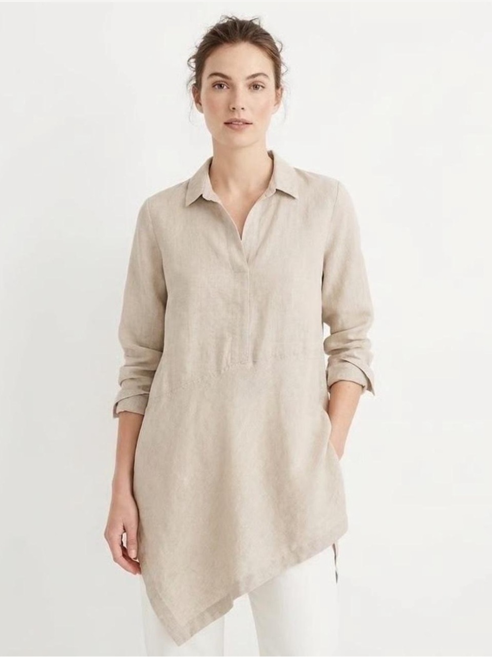 J Jill Love Linen Asymmetrical Hem Tunic Top Neutral Beige 100% Linen Size XS
